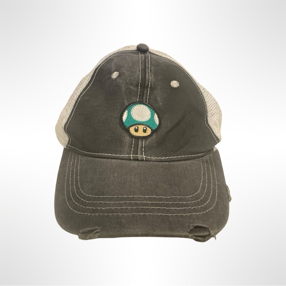 Mario brothers mushroom one up, intentionally, distressed, truckers hat